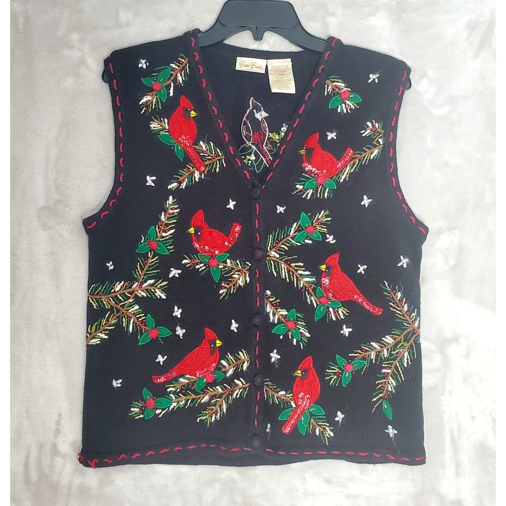 Bobbie Brooks Sweater Vest Womens M Cardinal Embroidered Bird Christmas Holiday